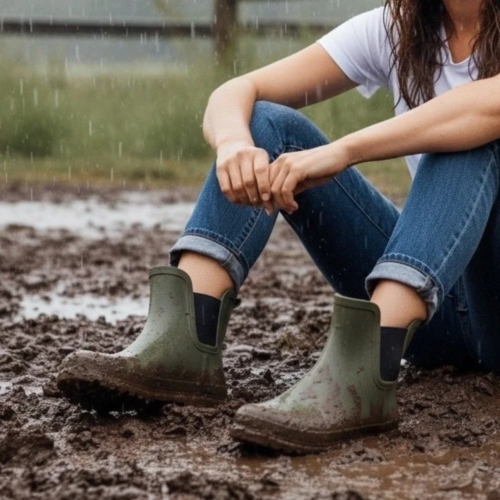 J.Crew Womens Chelsea Rain Boots Olive Green Rubber Ankle Boot / Bootie Lug Sole